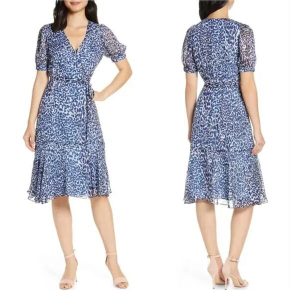 Eliza J Leopard Print Faux Wrap Dress in Blue Lyst plus size 20W - Picture 1 of 15